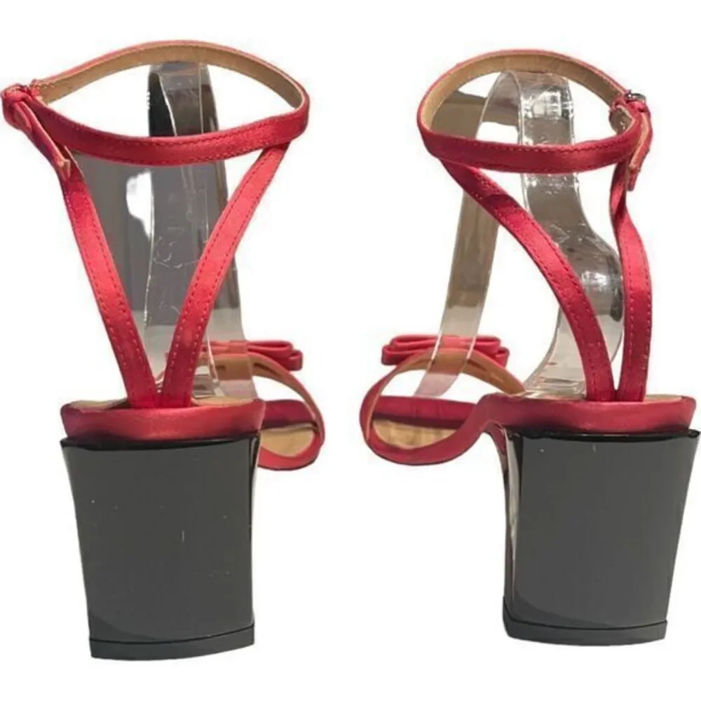New Sergio Rossi Satin Bow Ankle Strap Block Heel Sandals Pink Size 39‎ EU 9 US